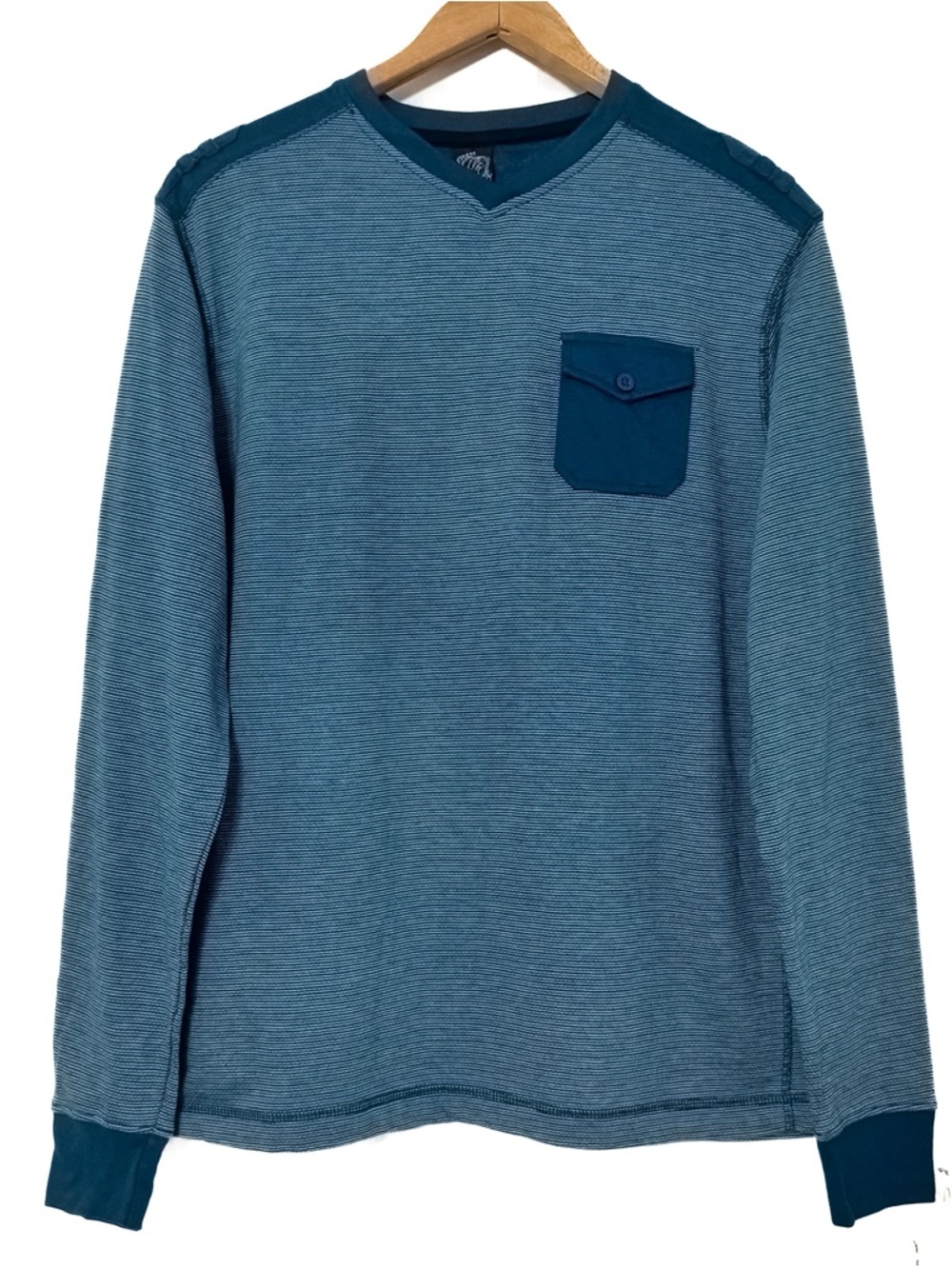 First Wave Long Sleeve Pocket Shirt V-neck Teal Stripe NWT